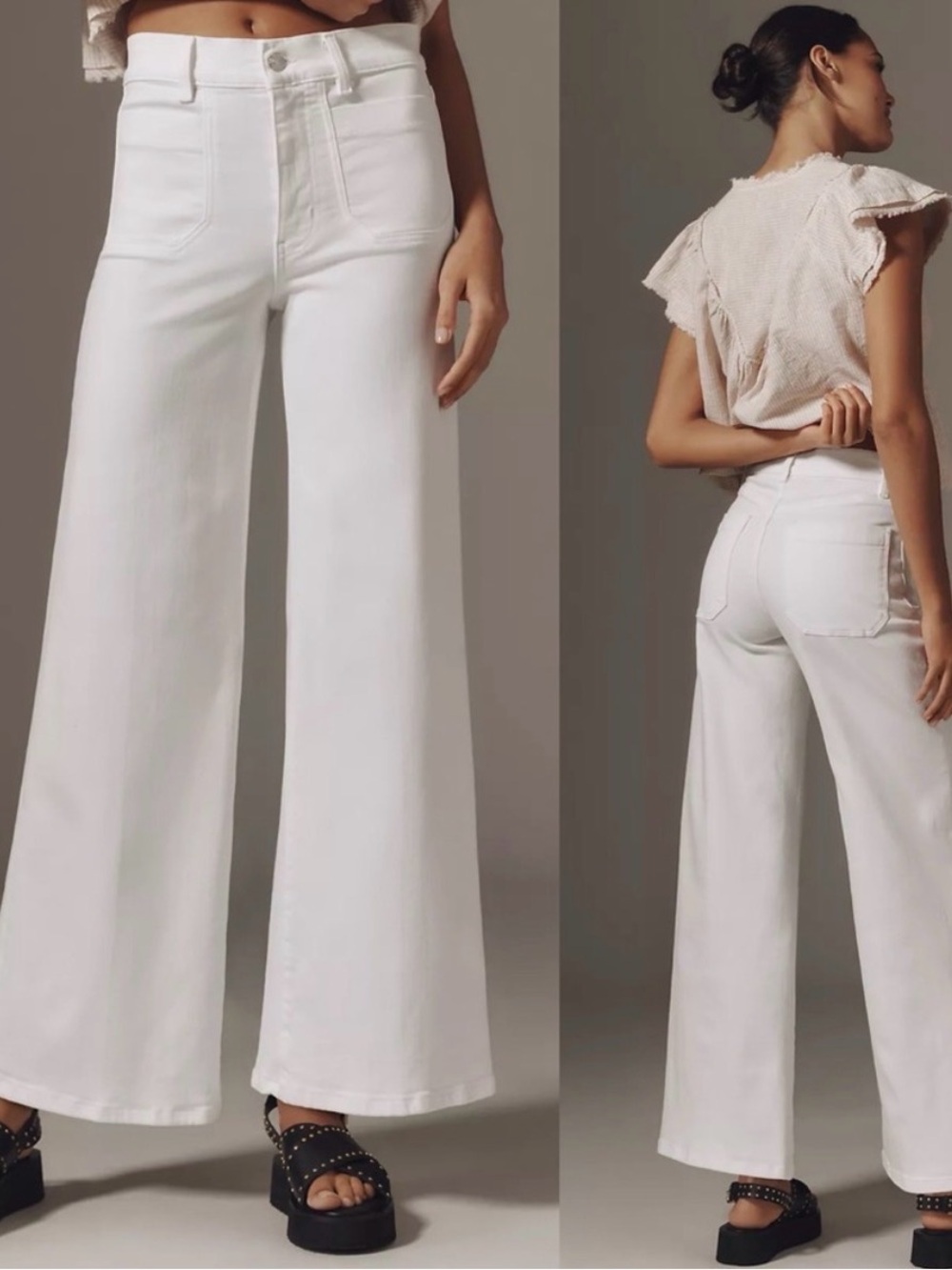 Frame Denim White High-Rise Wide Leg Jeans with Patch Pockets